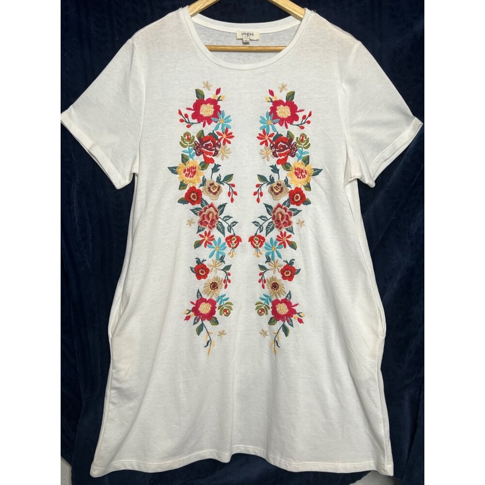 Umgee Women L Floral Embroidered Mini Dress Pockets White Cottage Core Spring